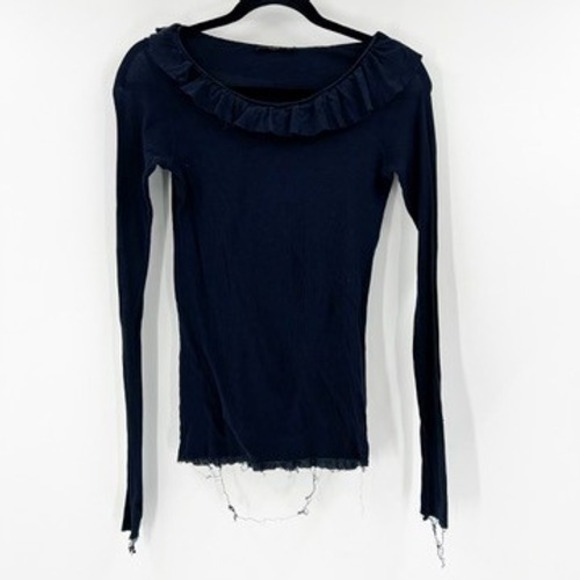 COS Ruffle Neck Long Sleeve Top Ribbed Knit Trimmed Hem Dark Blue - Picture 1 of 4
